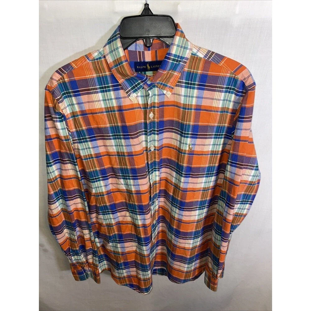 Polo Ralph Lauren Men’s Dress Shirt Size Medium Orange Plaid Going Out Party